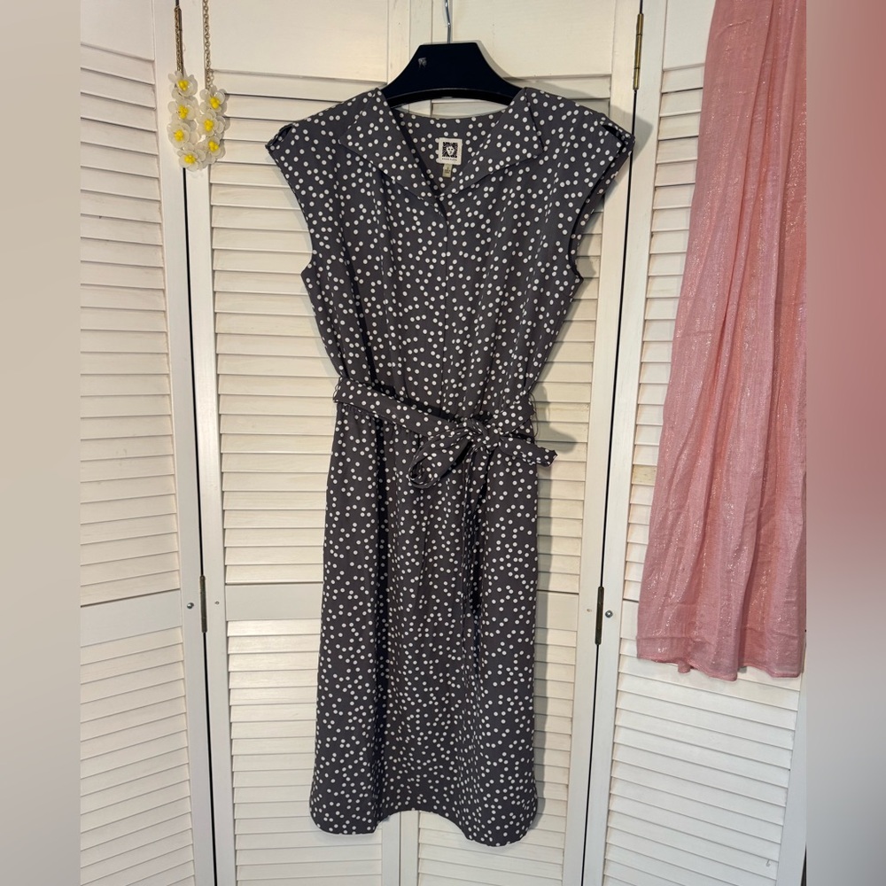 Anne Klein Elegant Feminine Taupe Polka Dots Midi Dress